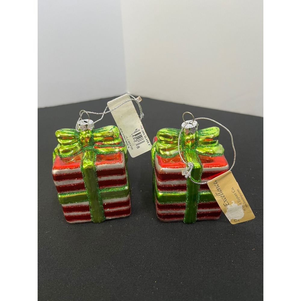 Direct Export Co Glass Gift Box Christmas Ornaments Red Green Striped Set of 2 - Picture 3 of 8